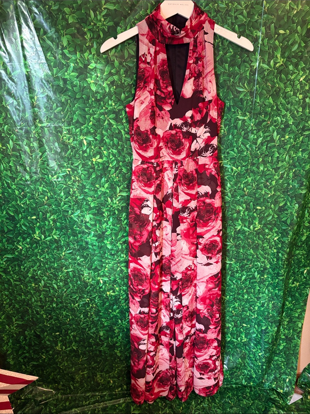 White House Black Market Sleeveless Red Floral Halter Maxi Plazzo Pants jumpsuit